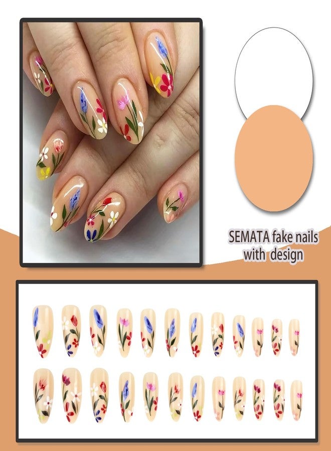 SEMATA Nude Press on Nails Almond Medium Full Cover Spring Summer Acrylic False Fake Nails Press ons Flower with Shiny Colorful Floral Design Fake Nail 24Pcs Reusable Stick on Nail for Women - Image 4